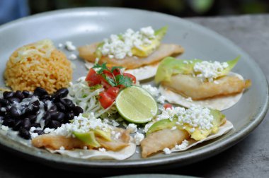 kararmış balıklı taco avokado ve peynir