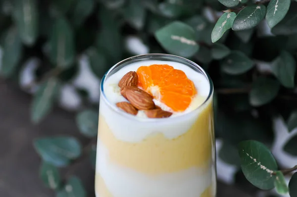 Batido de manga ou batido de iogurte de manga com cobertura de laranja — Fotografia de Stock