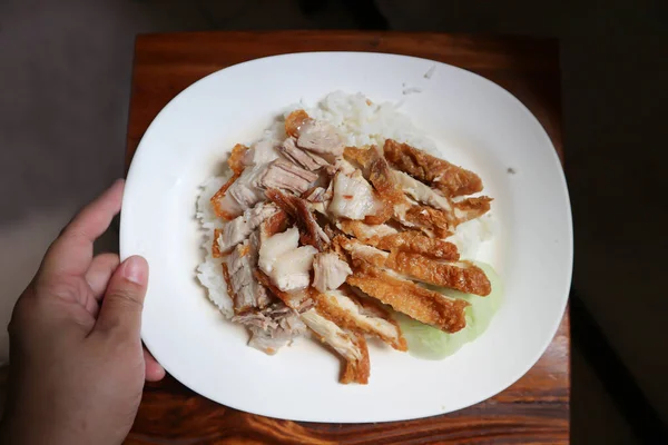 炸鸡和炸猪肉 鸡肉和米饭 — 图库照片