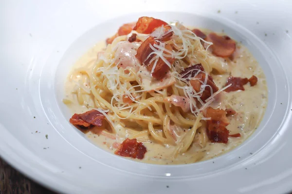 Spaghetti Lub Spaghetti Carbonara Makaron Carbonara — Zdjęcie stockowe