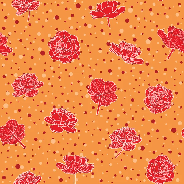 Vector amarillo rojo flores y puntos fondo sin costuras estampado — Vector de stock