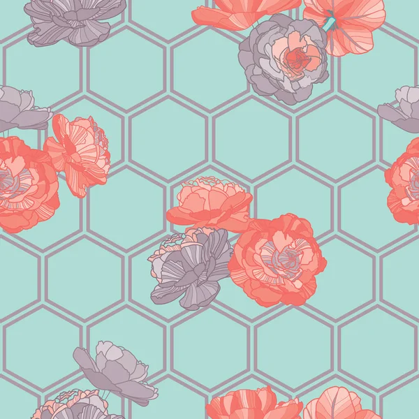 Altıgen arkaplan üzerinde vektör çiçekleri dikişsiz desen baskısı
