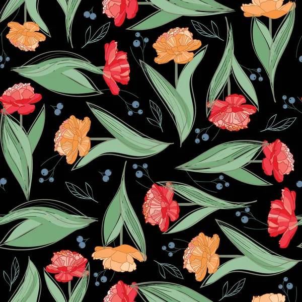 Siyah arkaplan üzerinde vektör laleleri dikişsiz desen izi