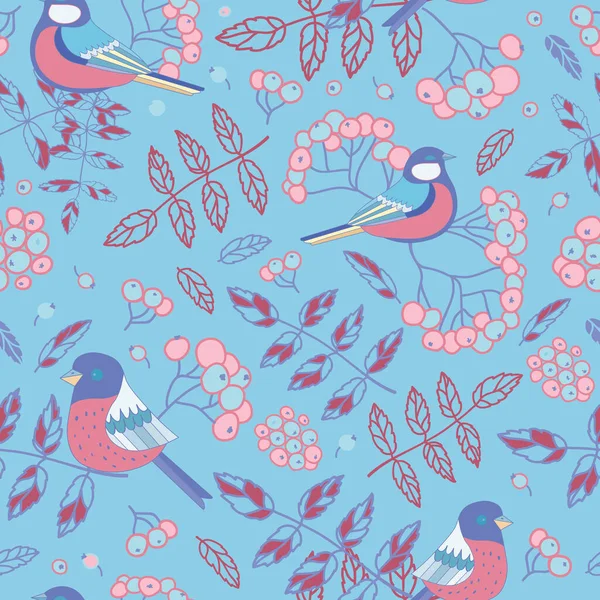 Vector blue pastel ash berries and birds texture background seamless pattern print — Stock Vector