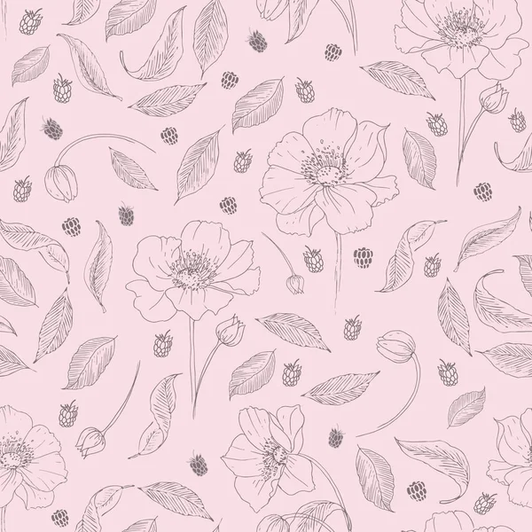 Vector Pastell Anemonenblumen und Himbeeren nahtlose Muster drucken Hintergrund. — Stockvektor