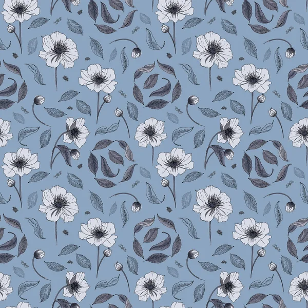 Vektör şakayık çiçekleri ve mavi dikişsiz iz arkaplanı üzerinde yapraklar.