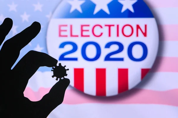 Silueta Mano Sostiene Virus Covid Logotipo Las Elecciones Presidenciales 2020 —  Fotos de Stock