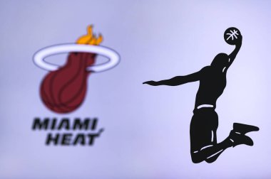 NEW YORK, ABD, 18 Haziran 2020: Miami Heat basketbol kulübü logosu, zıplayan basketbolcunun silüeti, spor fotoğrafı NBA, düzenleme alanı.
