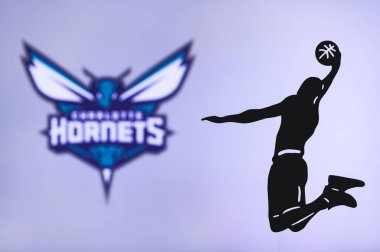 NEW YORK, ABD, 18 Haziran 2020: Charlotte Hornets basketbol kulübü logosu, atlama basketbolcusu silueti, spor fotoğrafı NBA, düzenleme uzay.