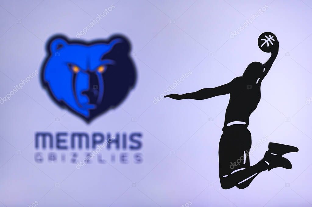 NEW YORK, USA, JUN 18, 2020: Memphis Grizzlies basketball club logo, silhouette of jumping basket player, sport photo NBA, edit space.