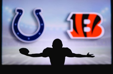Indianapolis Colts, Cincinnati Bengalleri 'ne karşı. NFL oyunu. Amerikan Futbol Ligi maçı. Profesyonel oyuncunun silueti dokunuşu kutluyor. Arkaplanda ekran.