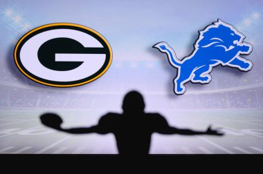Green Bay Packers vs. Detroit Lions. NFL Game. American Football League match. Silhouette of professional player celebrate touch down. Screen in background. clipart