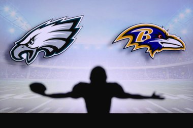 Philadelphia Eagles, Baltimore Ravens 'a karşı. NFL oyunu. Amerikan Futbol Ligi maçı. Profesyonel oyuncunun silueti dokunuşu kutluyor. Arkaplanda ekran.