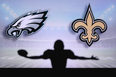 Philadelphia Eagles, New Orleans Saints 'e karşı. NFL oyunu. Amerikan Futbol Ligi maçı. Profesyonel oyuncunun silueti dokunuşu kutluyor. Arkaplanda ekran.