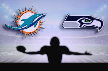 Miami Yunusları, Seattle Seahawks 'a karşı. NFL oyunu. Amerikan Futbol Ligi maçı. Profesyonel oyuncunun silueti dokunuşu kutluyor. Arkaplanda ekran.
