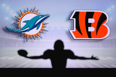 Miami Yunusları, Cincinnati Bengalleri 'ne karşı. NFL oyunu. Amerikan Futbol Ligi maçı. Profesyonel oyuncunun silueti dokunuşu kutluyor. Arkaplanda ekran.