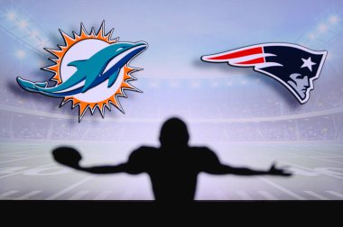 Miami Dolphins, New England Patriots 'a karşı. NFL oyunu. Amerikan Futbol Ligi maçı. Profesyonel oyuncunun silueti dokunuşu kutluyor. Arkaplanda ekran.
