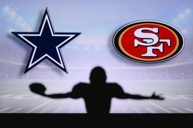 Dallas Cowboys vs. San Francisco 49ers. NFL Game. American Football League match. Silhouette of professional player celebrate touch down. Screen in background. clipart