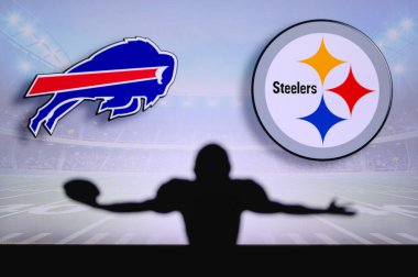 Buffalo Bills, Pittsburgh Çelik 'e karşı. NFL oyunu. Amerikan Futbol Ligi maçı. Profesyonel oyuncunun silueti dokunuşu kutluyor. Arkaplanda ekran.