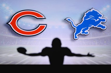 Chicago Bears, Detroit Lions 'a karşı. NFL oyunu. Amerikan Futbol Ligi maçı. Profesyonel oyuncunun silueti dokunuşu kutluyor. Arkaplanda ekran.