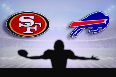 San Francisco 49ers Buffalo Bills 'e karşı. NFL oyunu. Amerikan Futbol Ligi maçı. Profesyonel oyuncunun silueti dokunuşu kutluyor. Arkaplanda ekran.
