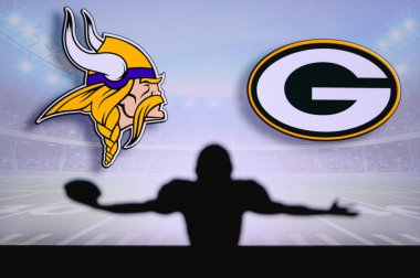 Minnesota Vikings vs. Green Bay Packers . NFL Game. American Football League match. Silhouette of professional player celebrate touch down. Screen in background. clipart
