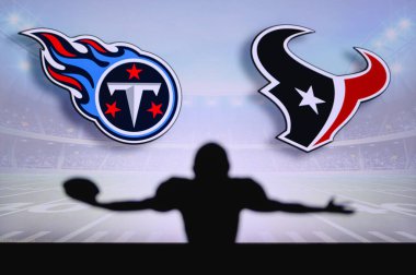 Tennessee Titans, Houston Texans 'a karşı. NFL oyunu. Amerikan Futbol Ligi maçı. Profesyonel oyuncunun silueti dokunuşu kutluyor. Arkaplanda ekran.