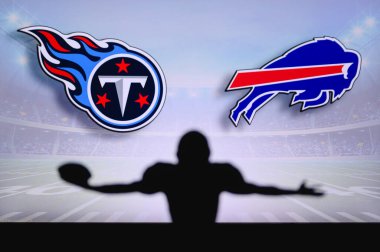Tennessee Titanları Buffalo Bills 'e karşı. NFL oyunu. Amerikan Futbol Ligi maçı. Profesyonel oyuncunun silueti dokunuşu kutluyor. Arkaplanda ekran.