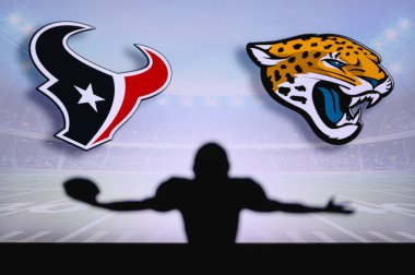 Houston Teksaslılar Jacksonville Jaguarlarına karşı. NFL oyunu. Amerikan Futbol Ligi maçı. Profesyonel oyuncunun silueti dokunuşu kutluyor. Arkaplanda ekran.