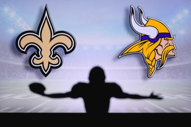 New Orleans Saints, Minnesota Vikings 'e karşı. NFL oyunu. Amerikan Futbol Ligi maçı. Profesyonel oyuncunun silueti dokunuşu kutluyor. Arkaplanda ekran.