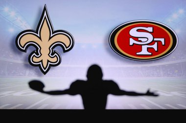 New Orleans Saints, San Francisco 49ers 'a karşı. NFL oyunu. Amerikan Futbol Ligi maçı. Profesyonel oyuncunun silueti dokunuşu kutluyor. Arkaplanda ekran.