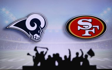 Los Angeles Rams, San Francisco 49ers 'a karşı. Taraftarlar NFL Game 'i destekliyor. Destekçilerin silueti, arka planda iki rakibi olan büyük ekran.