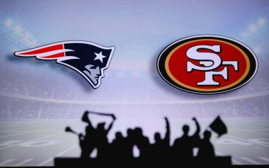 New England Patriots, San Francisco 49ers 'a karşı. Taraftarlar NFL Game 'i destekliyor. Destekçilerin silueti, arka planda iki rakibi olan büyük ekran.