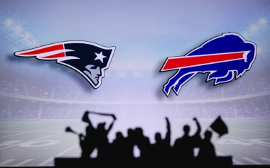 New England Patriots Buffalo Bills 'e karşı. Taraftarlar NFL Game 'i destekliyor. Destekçilerin silueti, arka planda iki rakibi olan büyük ekran.