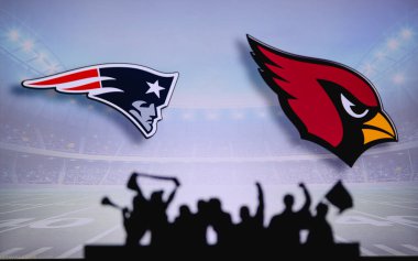 New England Patriots, Arizona Cardinals 'a karşı. Taraftarlar NFL Game 'i destekliyor. Destekçilerin silueti, arka planda iki rakibi olan büyük ekran.