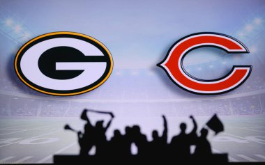 Green Bay Packers vs. Chicago Bears. Fans support on NFL Game. Silhouette of supporters, big screen with two rivals in background. clipart