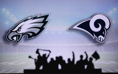 Philadelphia Eagles Los Angeles Rams 'a karşı. Taraftarlar NFL Game 'i destekliyor. Destekçilerin silueti, arka planda iki rakibi olan büyük ekran.