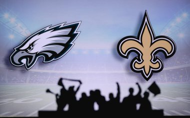 Philadelphia Eagles, New Orleans Saints 'e karşı. Taraftarlar NFL Game 'i destekliyor. Destekçilerin silueti, arka planda iki rakibi olan büyük ekran.