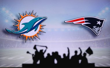 Miami Dolphins, New England Patriots 'a karşı. Taraftarlar NFL Game 'i destekliyor. Destekçilerin silueti, arka planda iki rakibi olan büyük ekran.