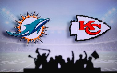 Miami Dolphins vs. Kansas City Chiefs. Fans support on NFL Game. Silhouette of supporters, big screen with two rivals in background. clipart