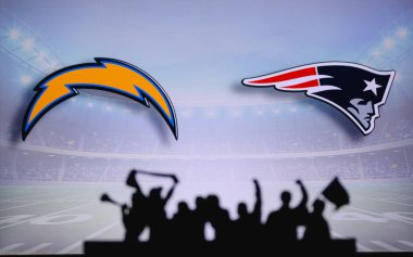 Los Angeles Chargers New England Patriots 'a karşı. Taraftarlar NFL Game 'i destekliyor. Destekçilerin silueti, arka planda iki rakibi olan büyük ekran.