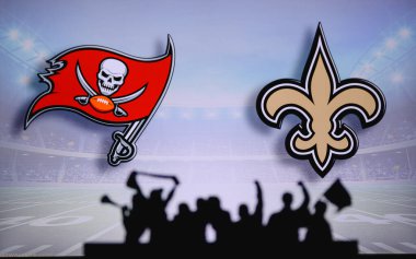 Tampa Bay Buccaneers, New Orleans Saints 'e karşı. Taraftarlar NFL Game 'i destekliyor. Destekçilerin silueti, arka planda iki rakibi olan büyük ekran.
