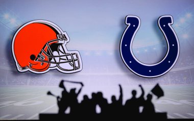 Cleveland Browns Indianapolis Colts 'a karşı. Taraftarlar NFL Game 'i destekliyor. Destekçilerin silueti, arka planda iki rakibi olan büyük ekran.