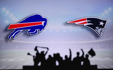 Buffalo Bills, New England Patriots 'a karşı. Taraftarlar NFL Game 'i destekliyor. Destekçilerin silueti, arka planda iki rakibi olan büyük ekran.