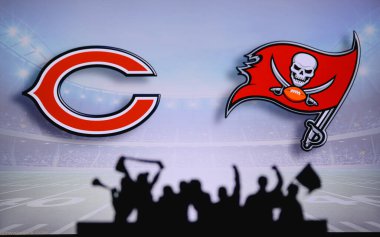 Chicago Bears, Tampa Bay Buccaneers 'a karşı. Taraftarlar NFL Game 'i destekliyor. Destekçilerin silueti, arka planda iki rakibi olan büyük ekran.