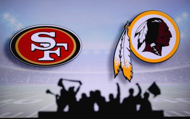 San Francisco 49ers Washington Redskins 'e karşı. Taraftarlar NFL Game 'i destekliyor. Destekçilerin silueti, arka planda iki rakibi olan büyük ekran.