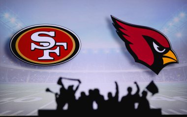 San Francisco 49ers, Arizona Cardinals 'a karşı. Taraftarlar NFL Game 'i destekliyor. Destekçilerin silueti, arka planda iki rakibi olan büyük ekran.
