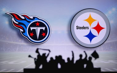 Tennessee Titans Pittsburgh Steelers 'a karşı. Taraftarlar NFL Game 'i destekliyor. Destekçilerin silueti, arka planda iki rakibi olan büyük ekran.