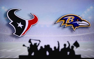 Houston Teksaslılar Baltimore Kuzgunlarına karşı. Taraftarlar NFL Game 'i destekliyor. Destekçilerin silueti, arka planda iki rakibi olan büyük ekran.