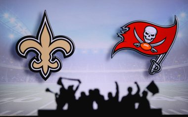 New Orleans Saints, Tampa Bay Buccaneers 'a karşı. Taraftarlar NFL Game 'i destekliyor. Destekçilerin silueti, arka planda iki rakibi olan büyük ekran.